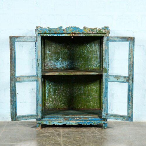 Indiaas vitrinekastje met blauw geel groen patina