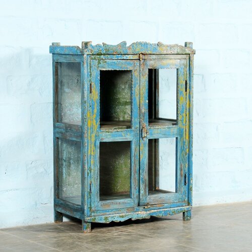 Indiaas vitrinekastje met blauw geel groen patina