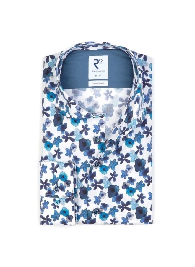 Overhemd Print Flower Turquoise Blauw Wit 112 WSP 069 014