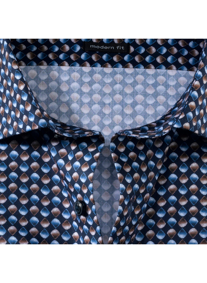 Overhemd Print Donkerblauw Bruin Modern-Fit 1278 14 28
