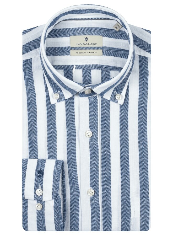 Thomas Maine Overhemd Button Down Linen Blend Herringbone Stripe 617718 col 60 Blauw