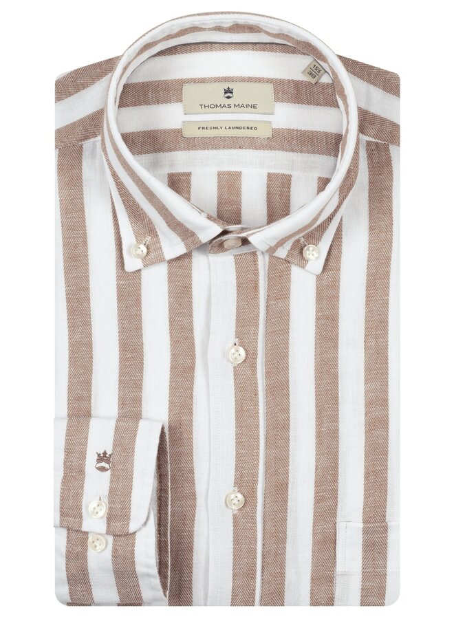 Thomas Maine Overhemd Button Down Linen Blend Herringbone Stripe 617718 col 86 Bruin