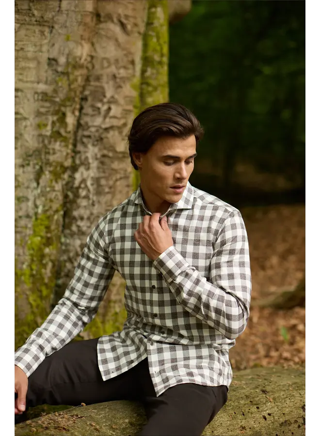 Overhemd Bari Cutaway Collar Mouline Flannel Check 627714 col 80 Brown