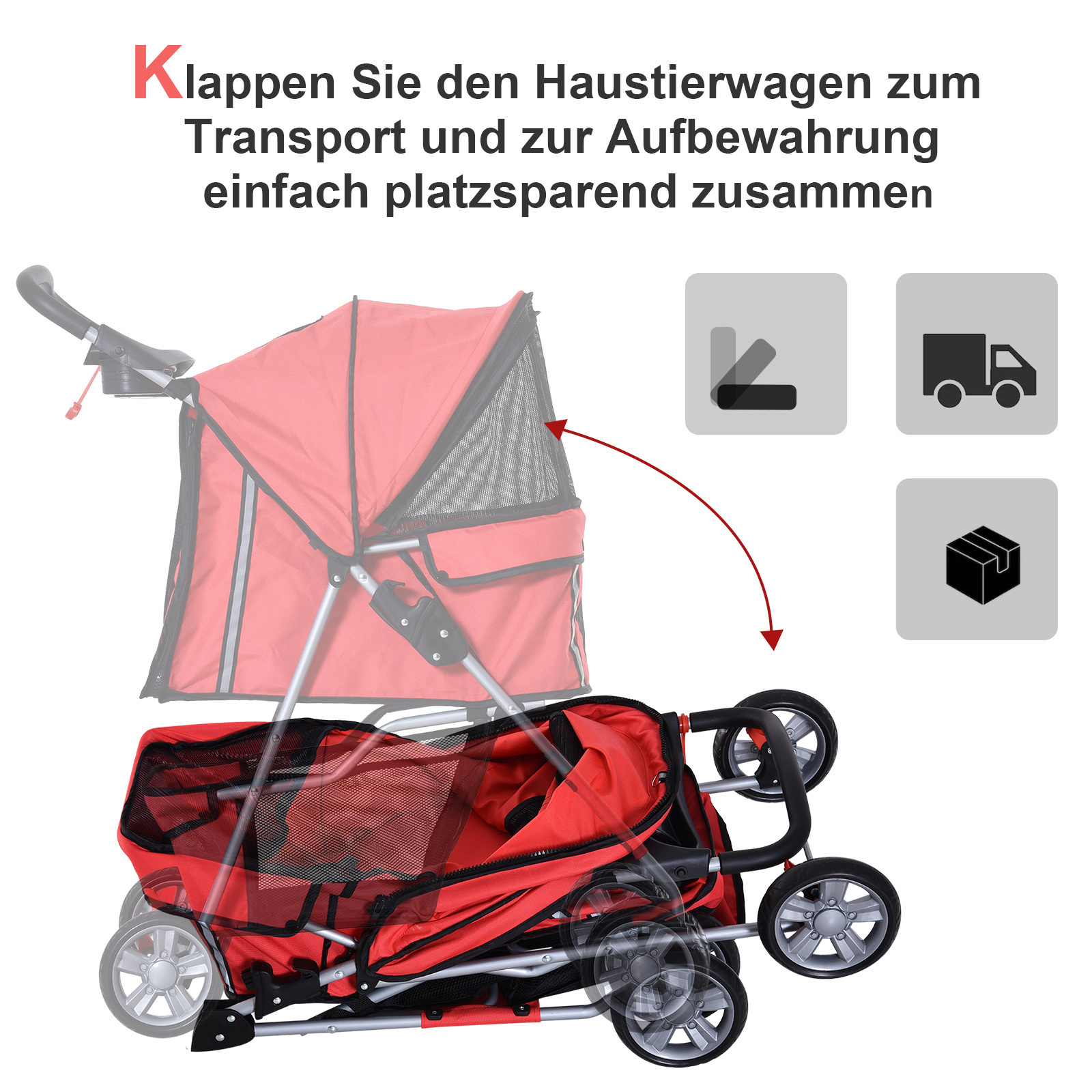 Paws Hondenbuggy met zonnedak en opbergnet rood 75 x 45 x 97cm