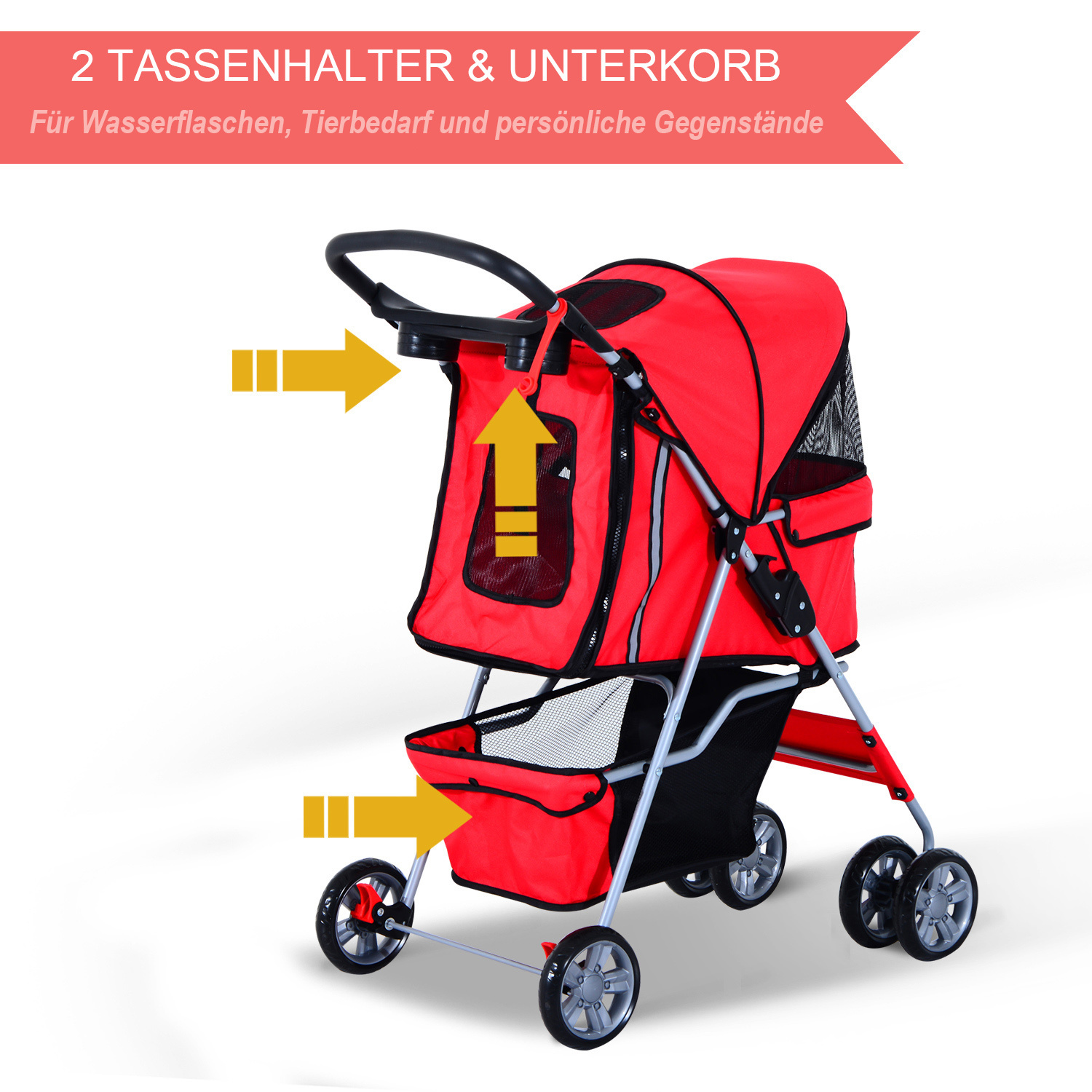 Paws Hondenbuggy met zonnedak en opbergnet rood 75 x 45 x 97cm