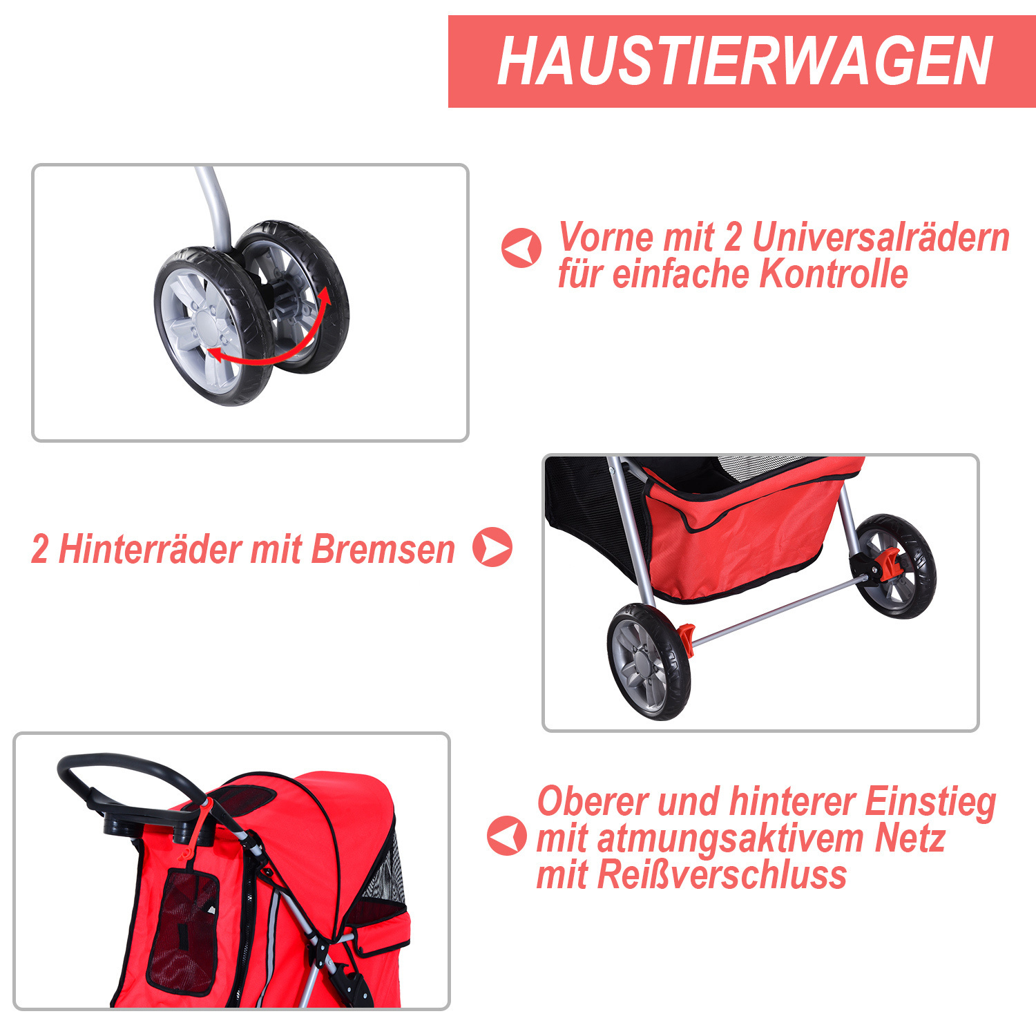 Paws Hondenbuggy met zonnedak en opbergnet rood 75 x 45 x 97cm