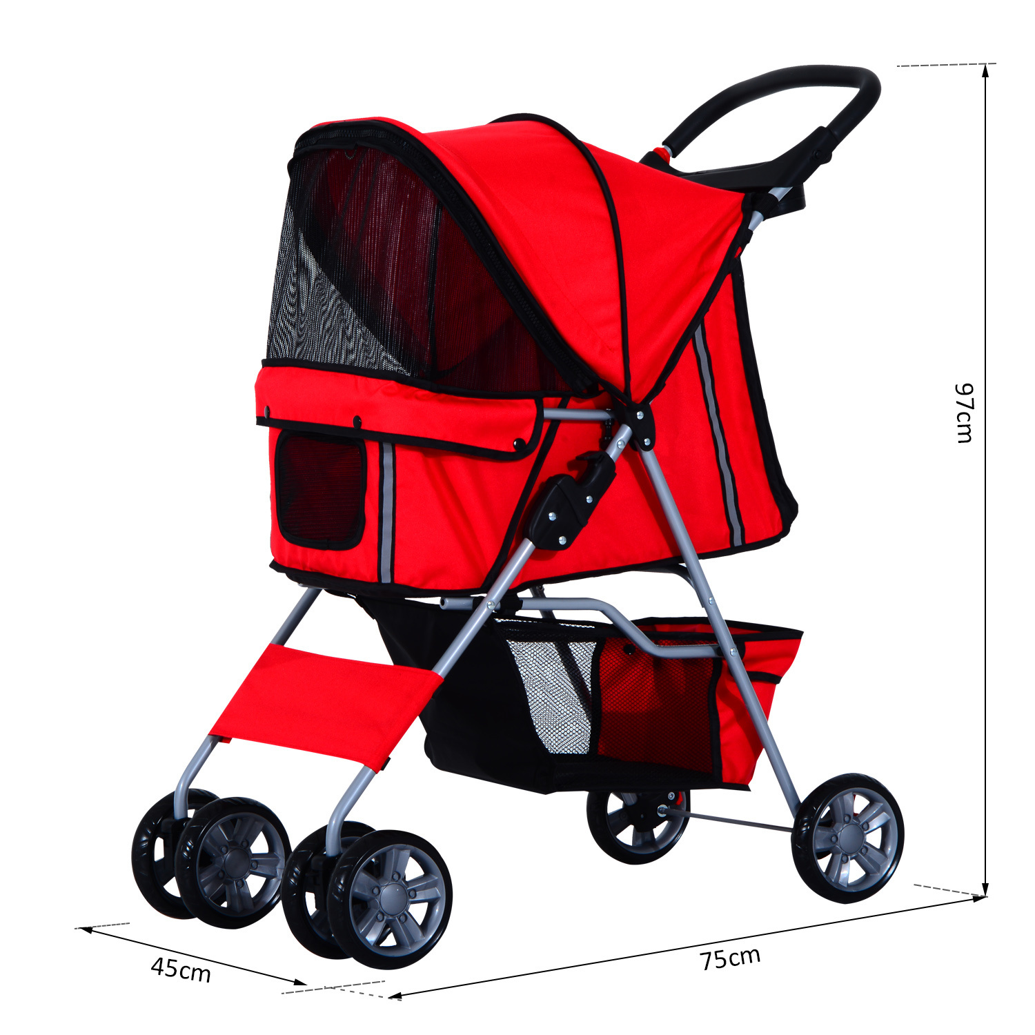 Paws Hondenbuggy met zonnedak en opbergnet rood 75 x 45 x 97cm