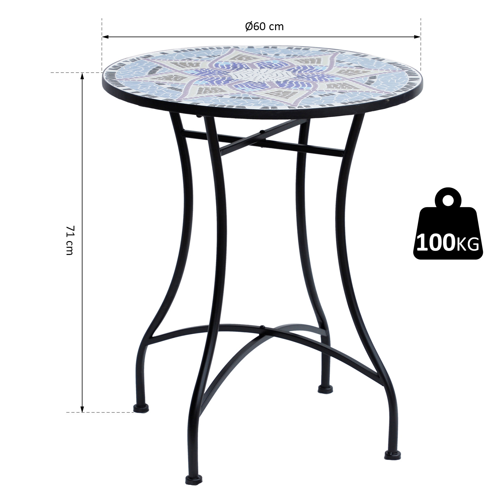 Sunny Balkonbijzettafeltje mozaik patroon blauw metaal keramiek Ø60 x H71 cm
