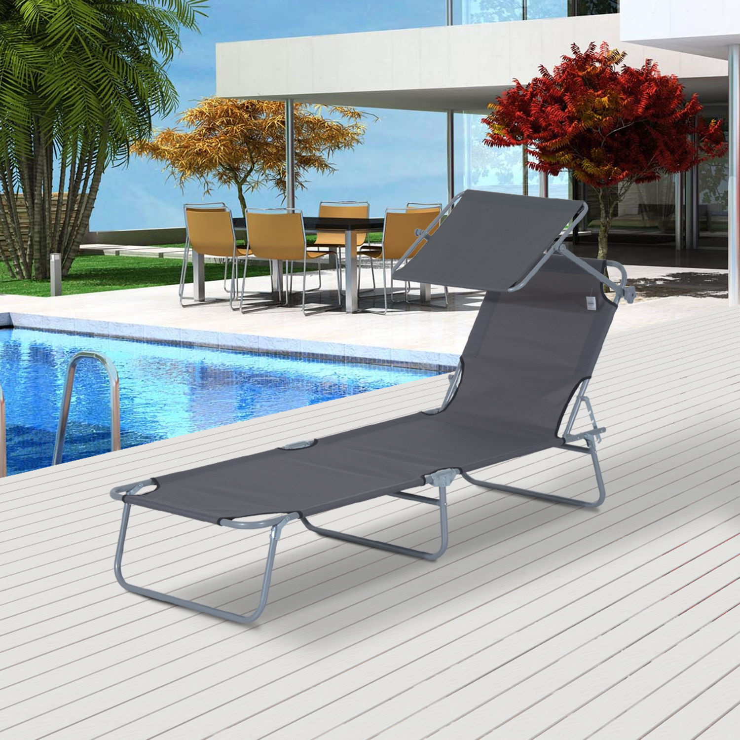 Outsunny Ligstoel met zonnescherm inklapbaar grijs 187 x 58 x 27cm