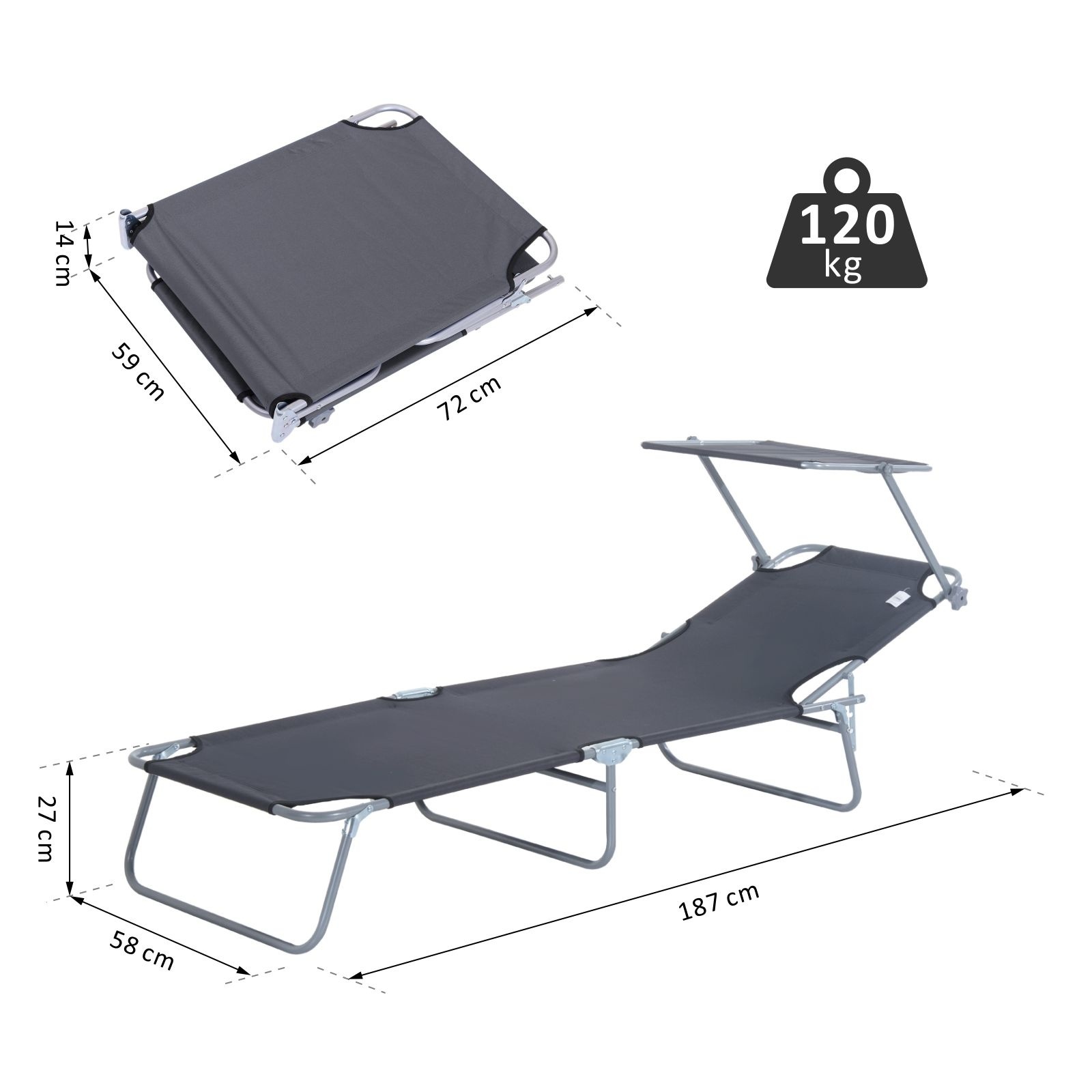 Outsunny Ligstoel met zonnescherm inklapbaar grijs 187 x 58 x 27cm