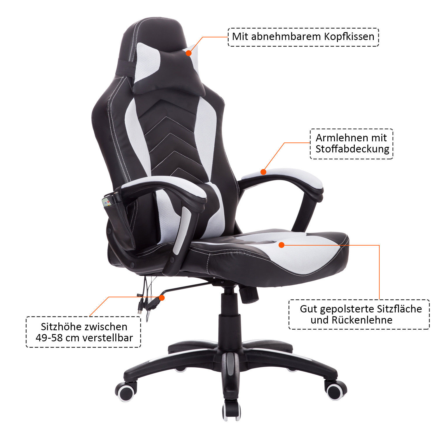 HOMdotCOM Bureaustoel ergonomisch gamingstoel met massagefunctie zwart/wit