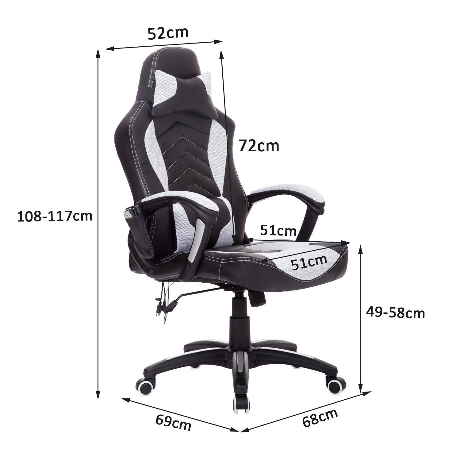 HOMdotCOM Bureaustoel ergonomisch gamingstoel met massagefunctie zwart/wit