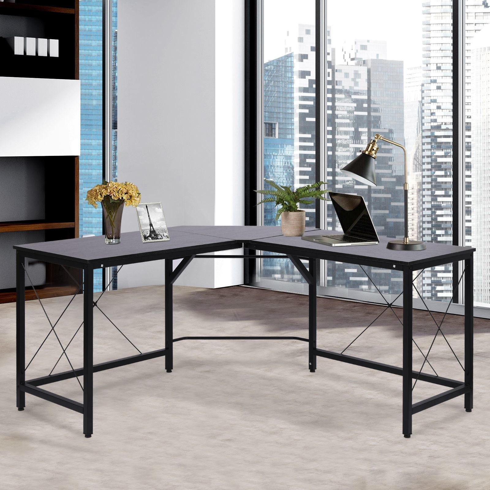 HOMCOM Bureau L-vorm naturel hout/zwart 150 x 150 x 76 cm | Modern Industrieel look