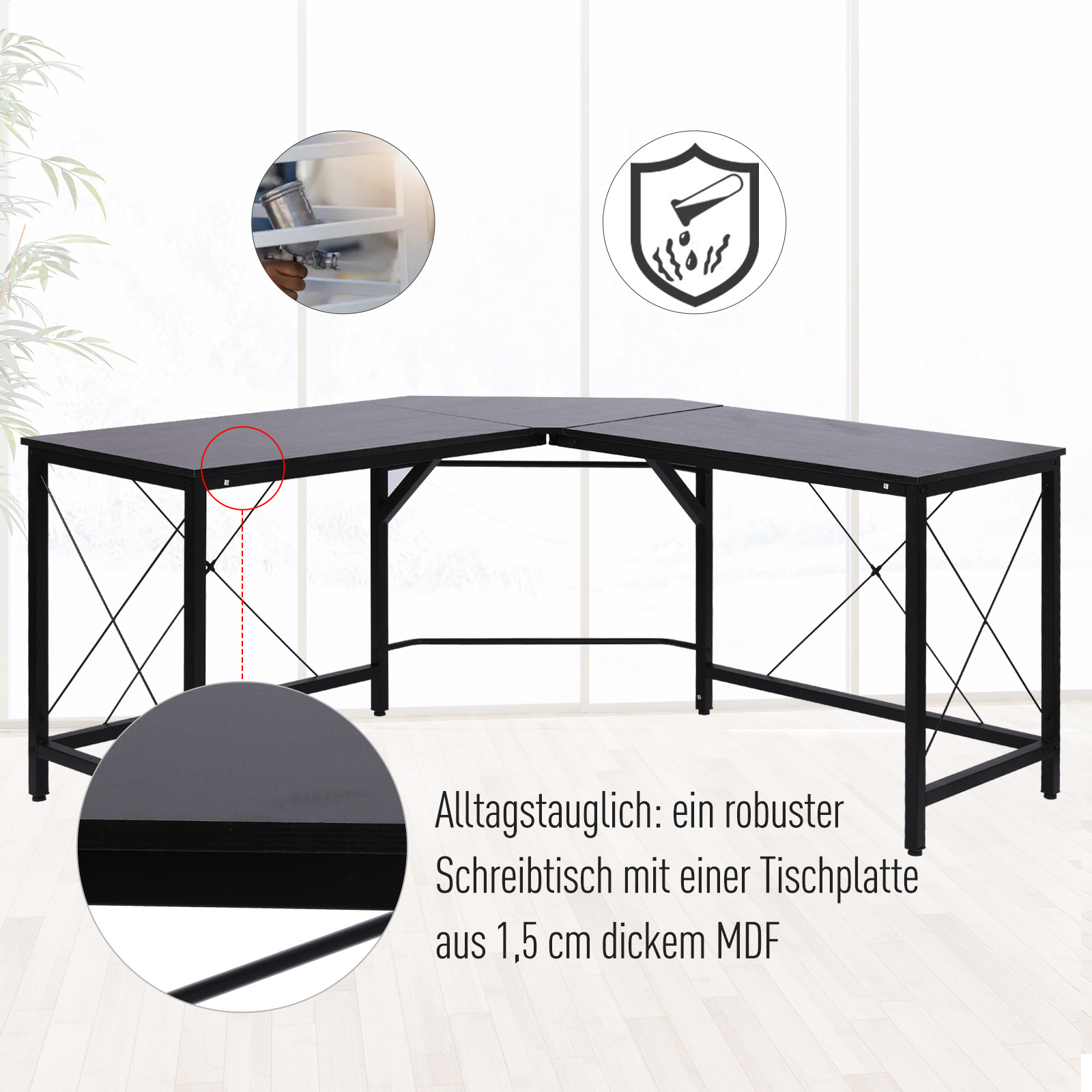 HOMCOM Bureau L-vorm naturel hout/zwart 150 x 150 x 76 cm | Modern Industrieel look