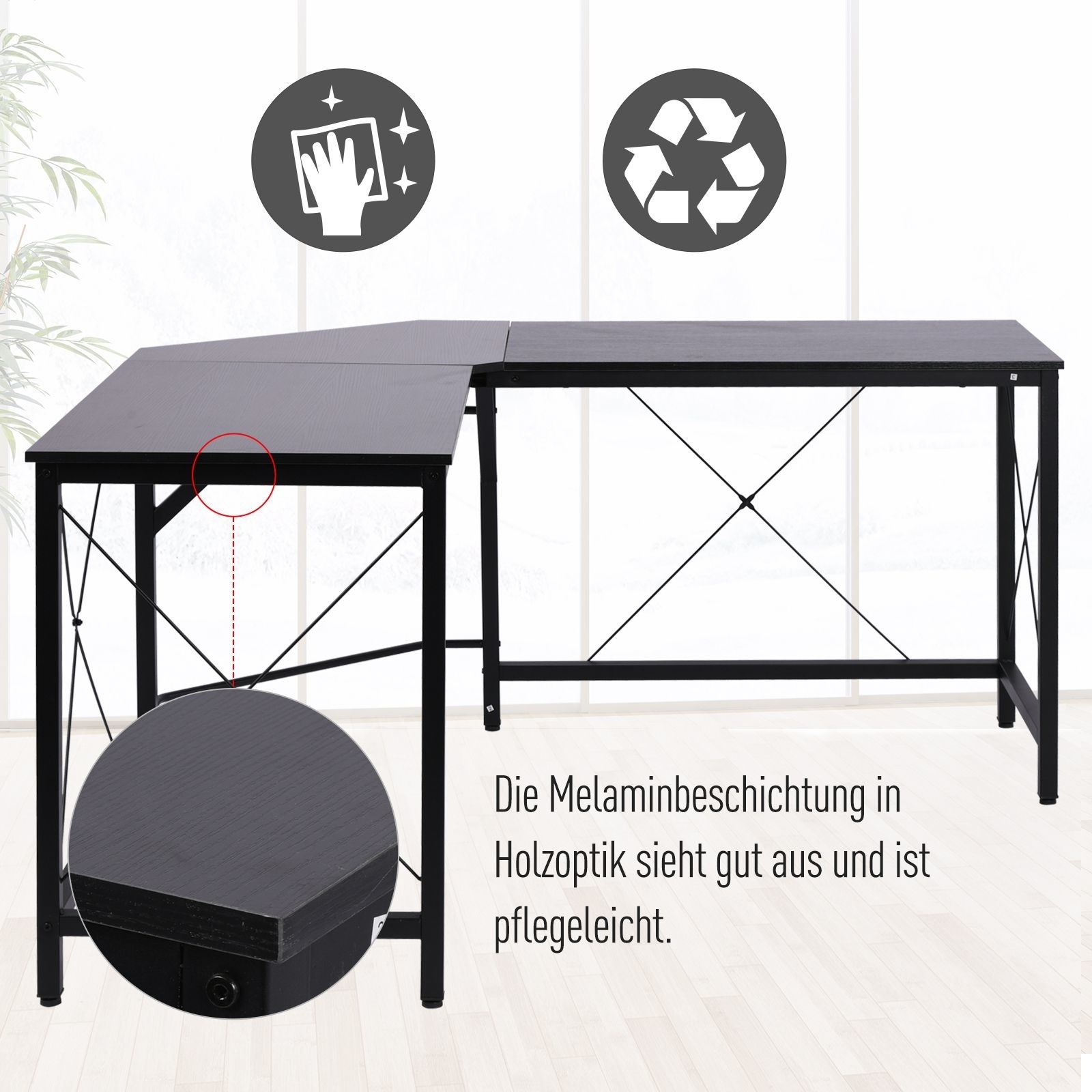 HOMCOM Bureau L-vorm naturel hout/zwart 150 x 150 x 76 cm | Modern Industrieel look