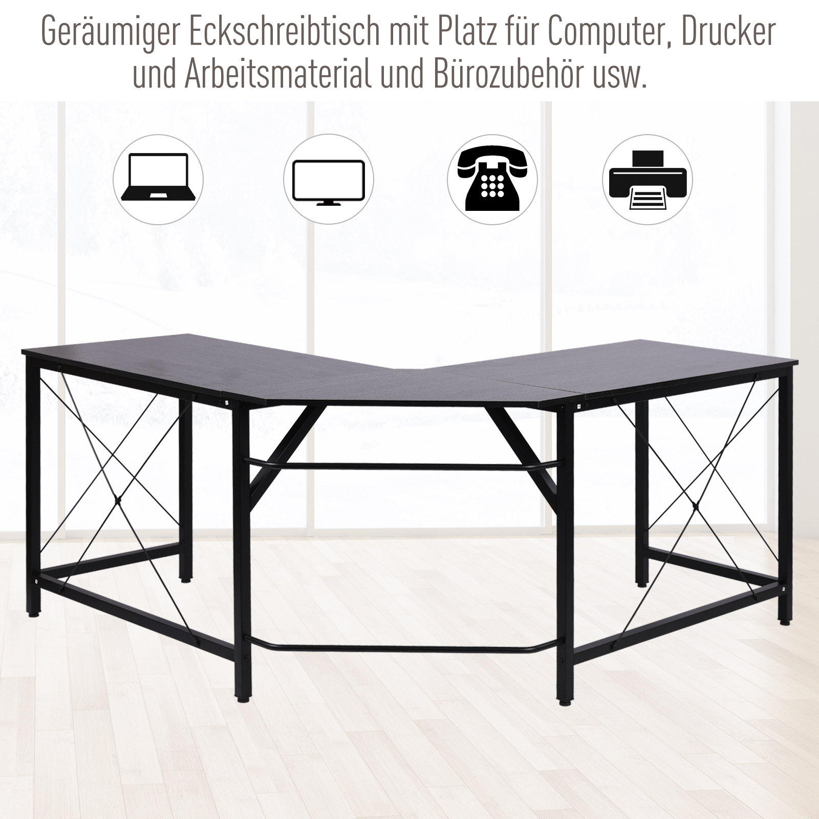 HOMCOM Bureau L-vorm naturel hout/zwart 150 x 150 x 76 cm | Modern Industrieel look