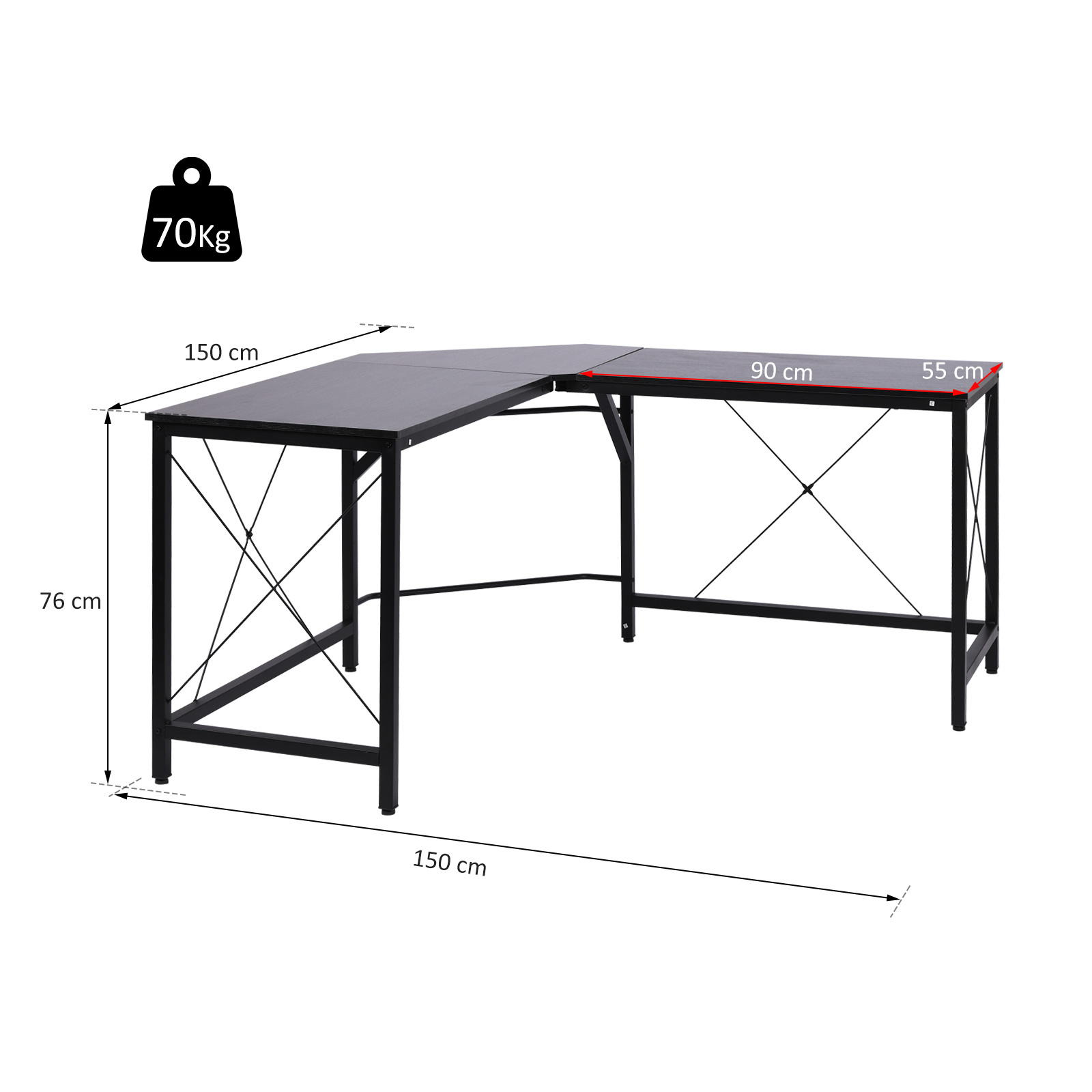 HOMCOM Bureau L-vorm naturel hout/zwart 150 x 150 x 76 cm | Modern Industrieel look