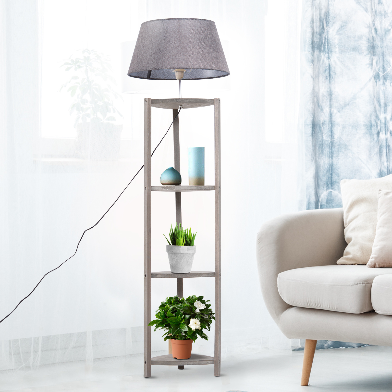 HOMdotCOM Vloerlamp met lampenkap en legplanken hout grijs 46x 46 x 158,5 cm