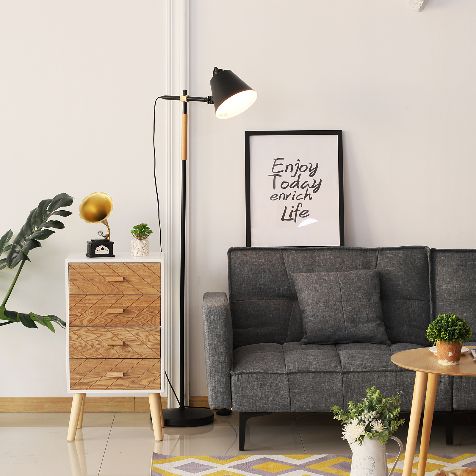 HOMdotCOM Vloerlamp verstelbaar hout/metaal zwart 54 x 30 x 155 cm