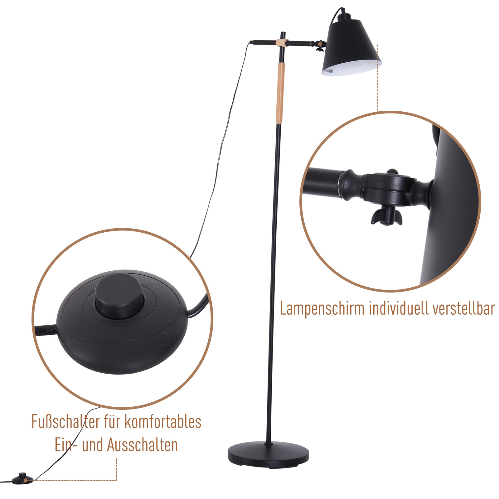 HOMdotCOM Vloerlamp verstelbaar hout/metaal zwart 54 x 30 x 155 cm