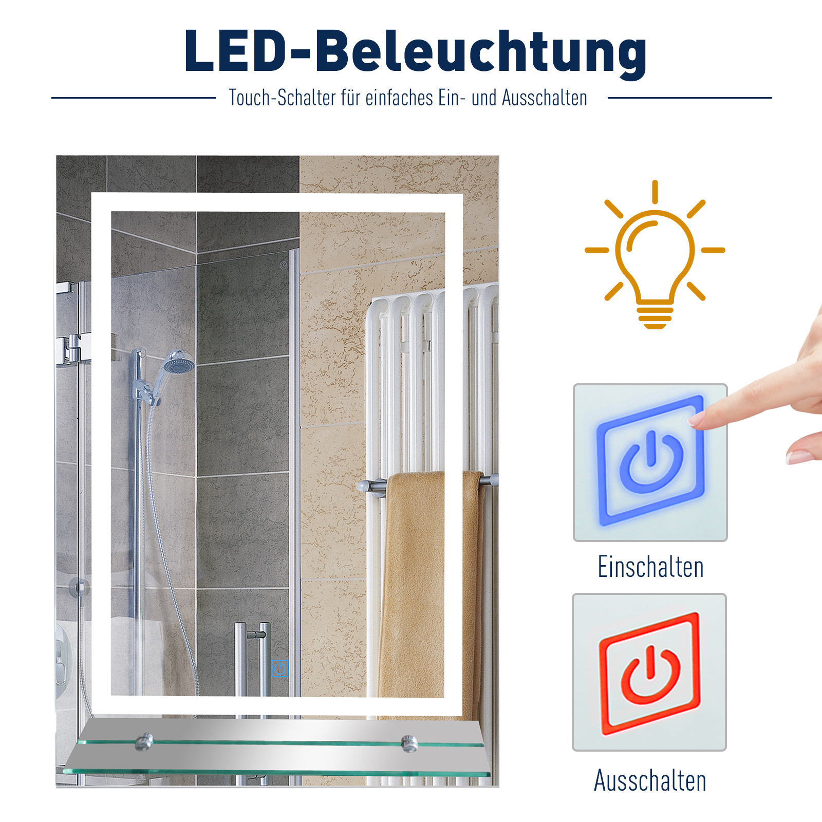 Kleankin Badkamerspiegel met LED verlichting en legplank 38W 70 x 50cm