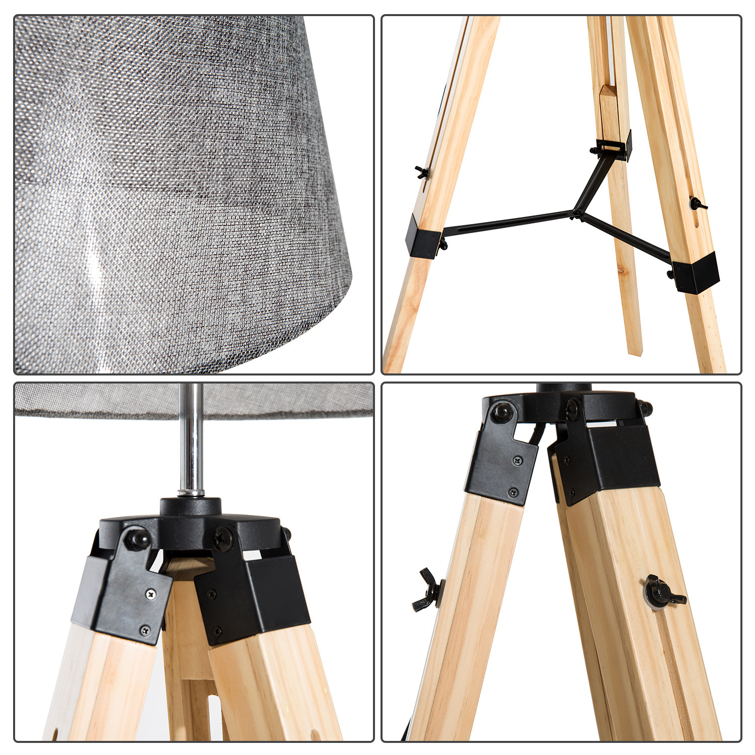 HOMdotCOM Staande vloerlamp met 3 poten hout grijs 65 x 65 x 99-143cm