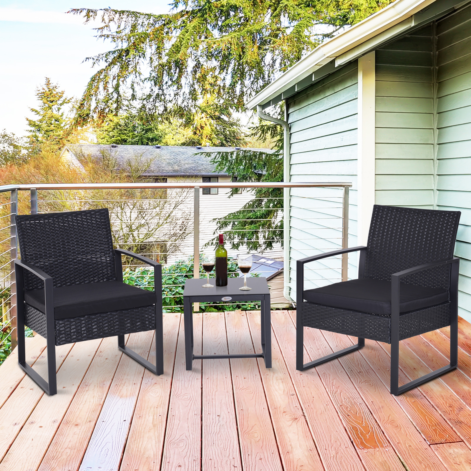 Sunny Lounge Tuinstoelenset met bijzettafel polyrattan zwart incl. kussens zwart