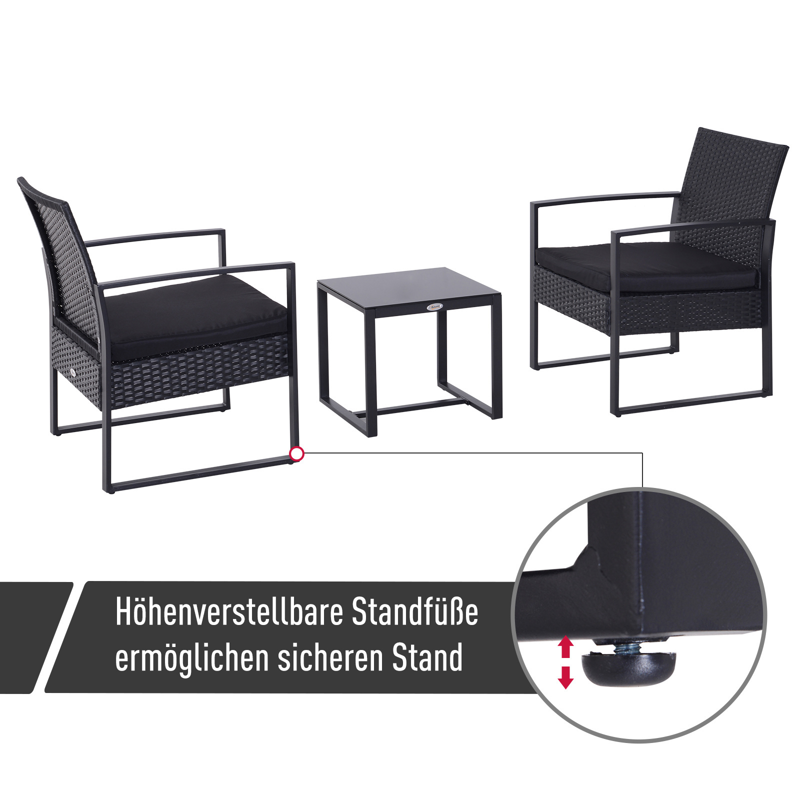 Sunny Lounge Tuinstoelenset met bijzettafel polyrattan zwart incl. kussens zwart