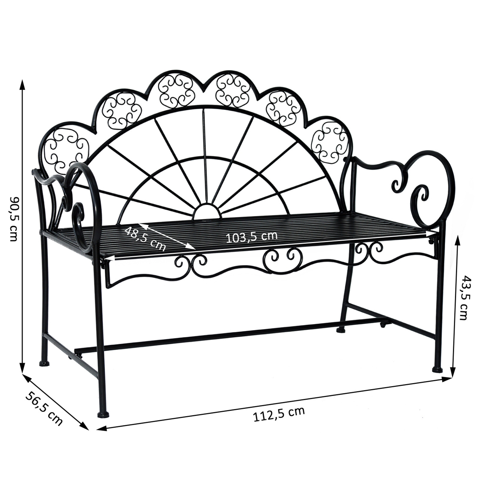 Outsunny Metalen Tuinbank Retro ronde vormen 2-pers zwart 113 x 56 x 90 cm