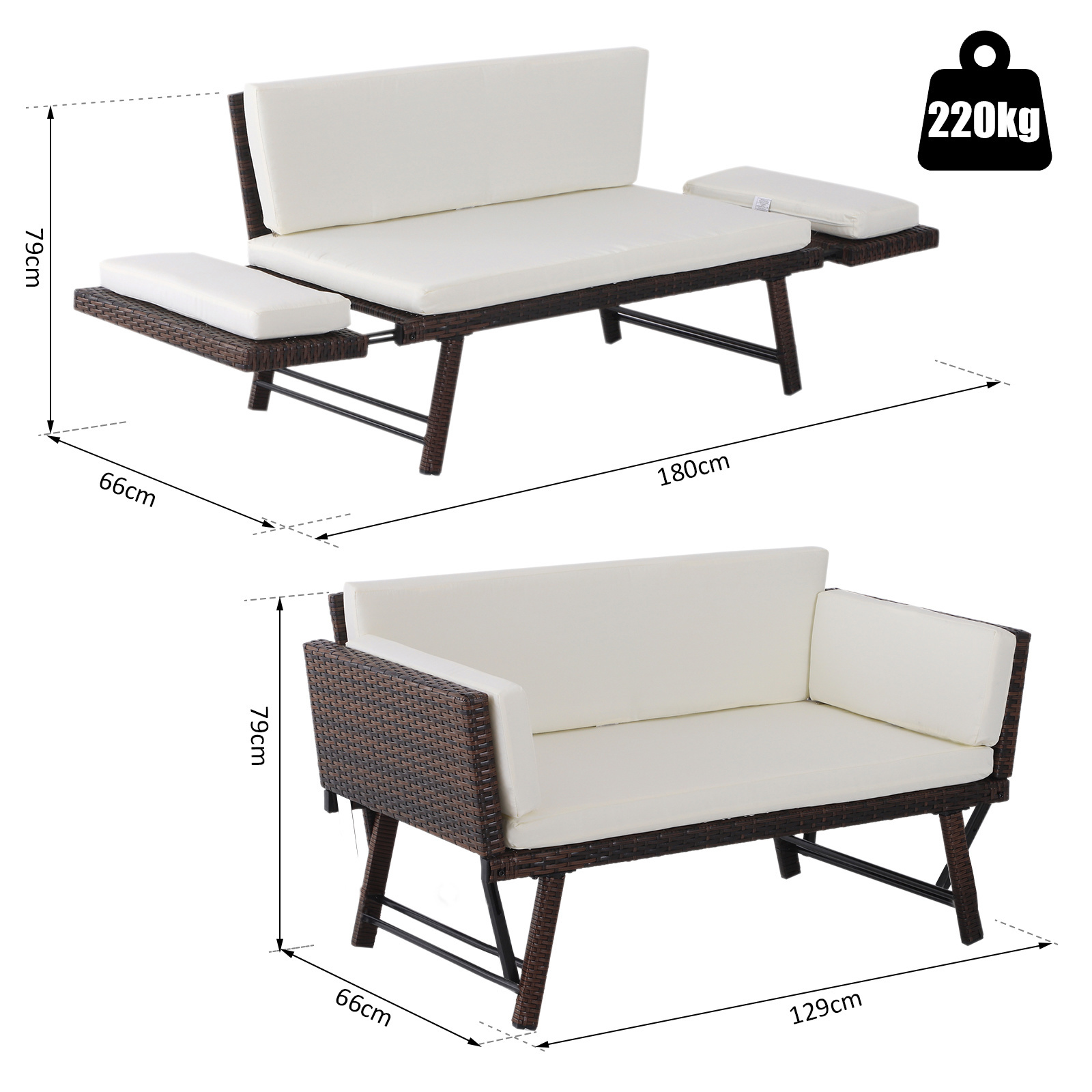 Outsunny Tuinsofa met armleuningen polyrotan bruin 129 x 66 x 79 cm