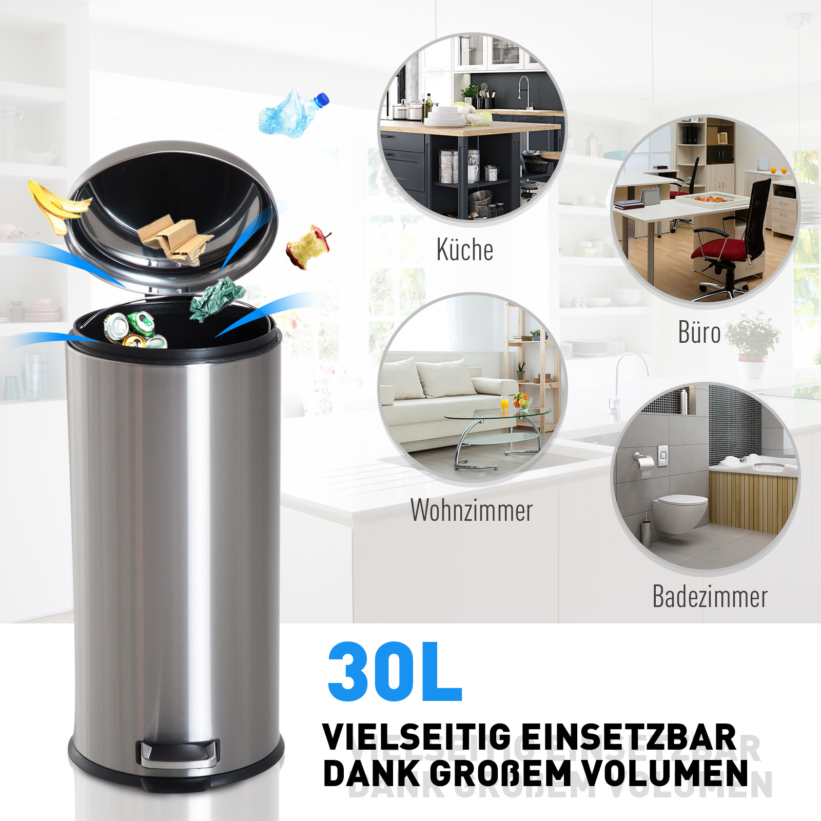 HOMdotCOM Pedaalemmer RVS zilver 30L
