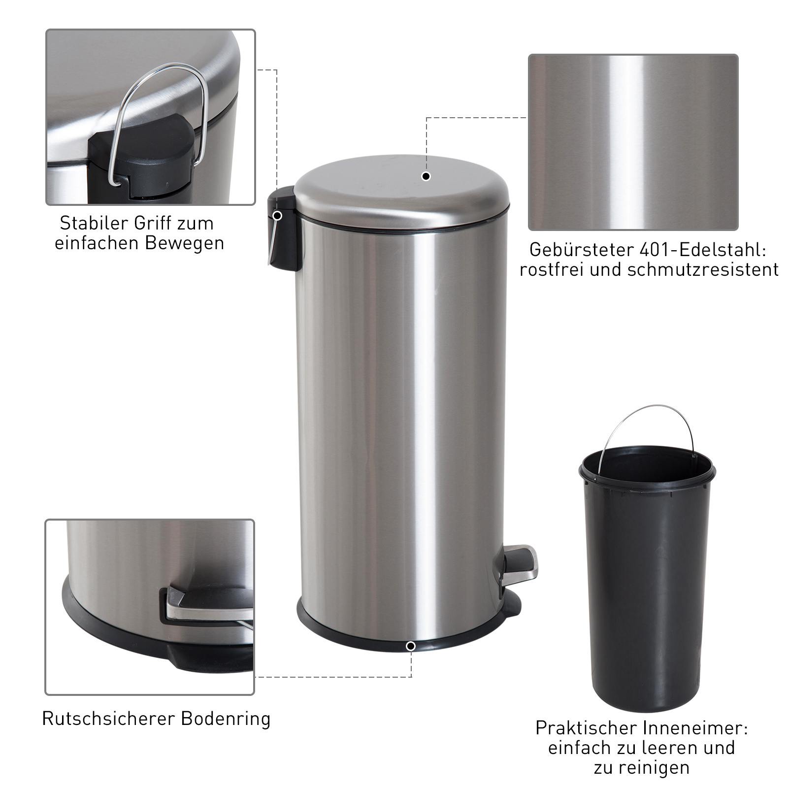 HOMdotCOM Pedaalemmer RVS zilver 30L