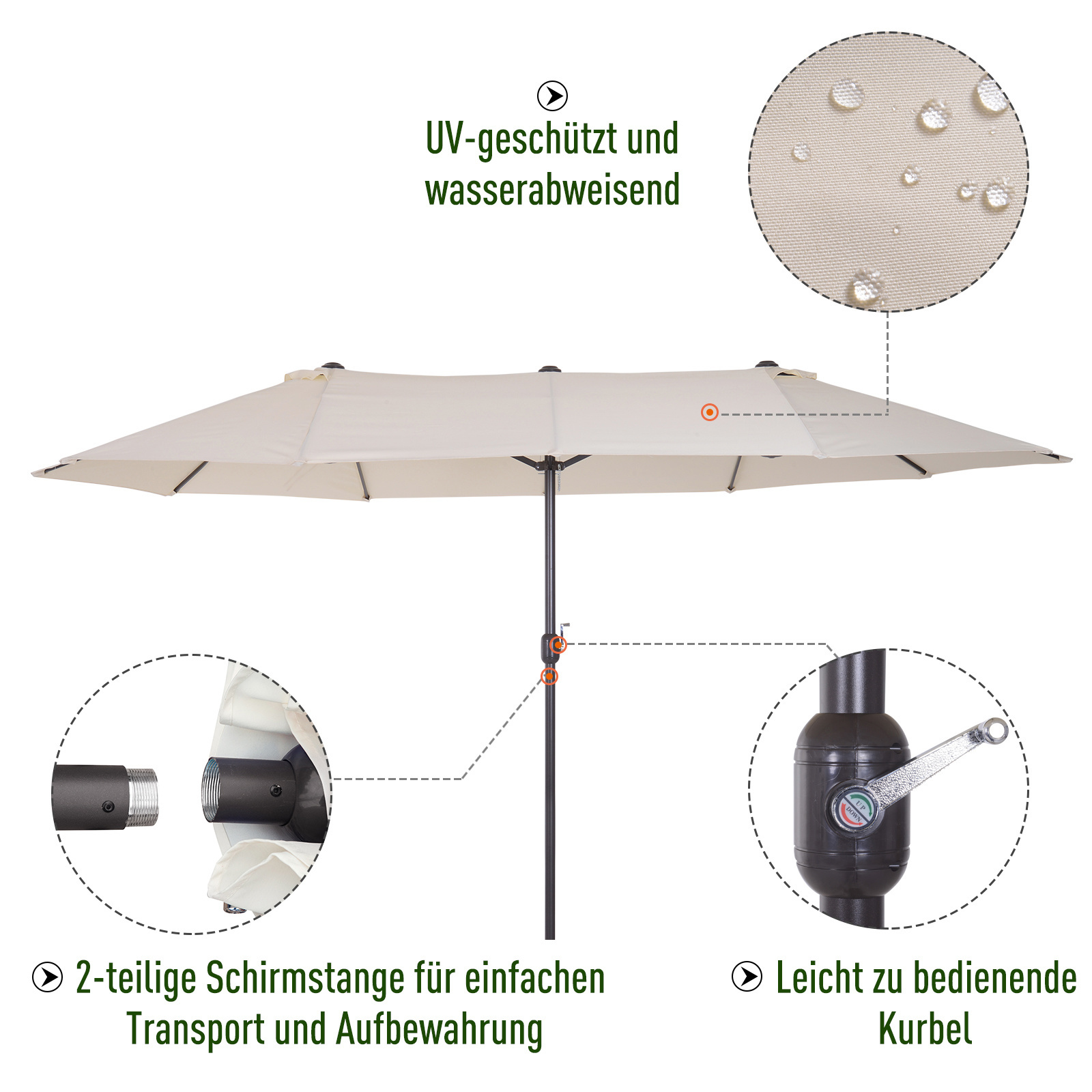 Sunny Dubbele parasol 48 mm met slingerhandvat crème wit 460 x 270 x 240 cm