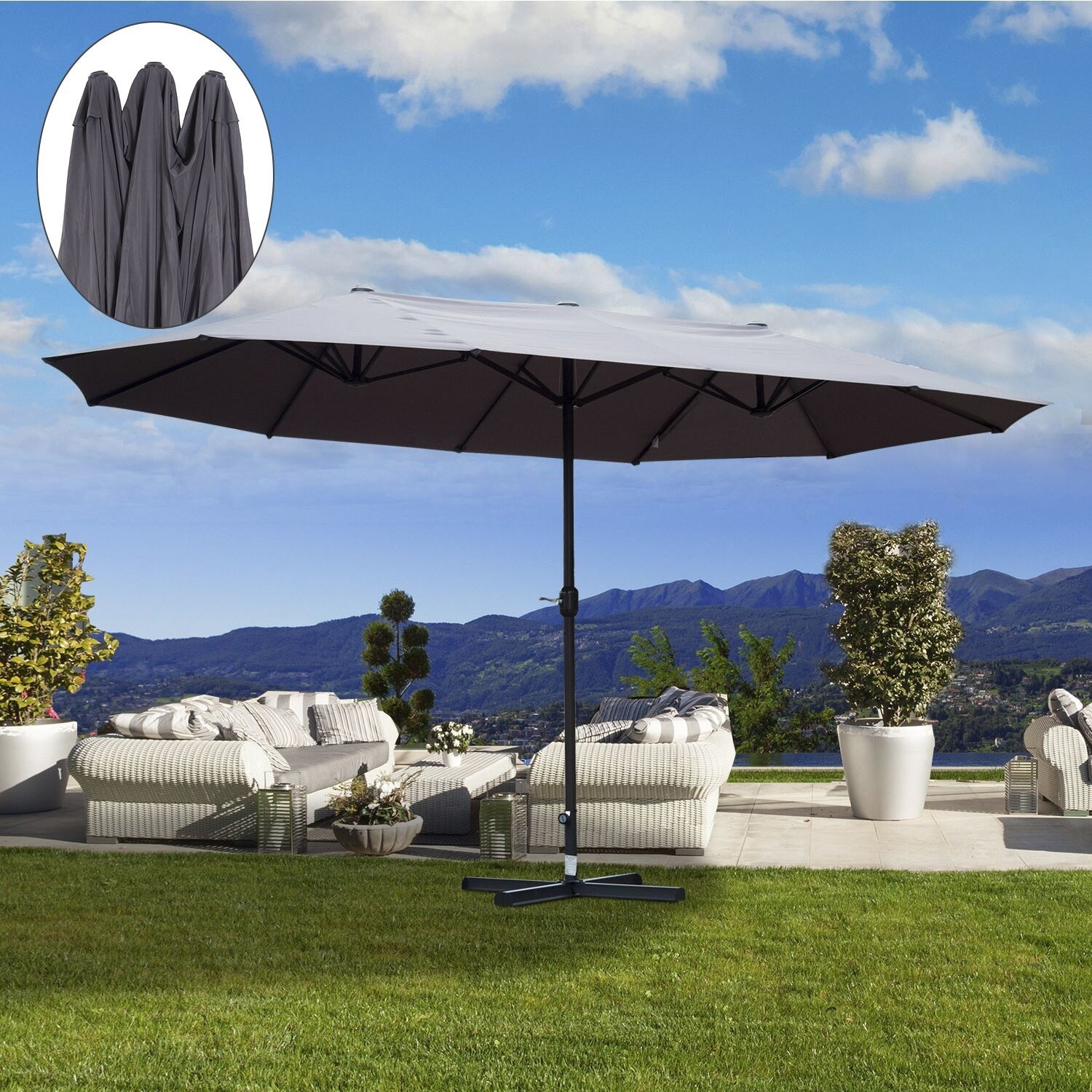 Sunny dubbele Parasol - met slingerhandvat - 460 x 270 x 240 cm - Grijs