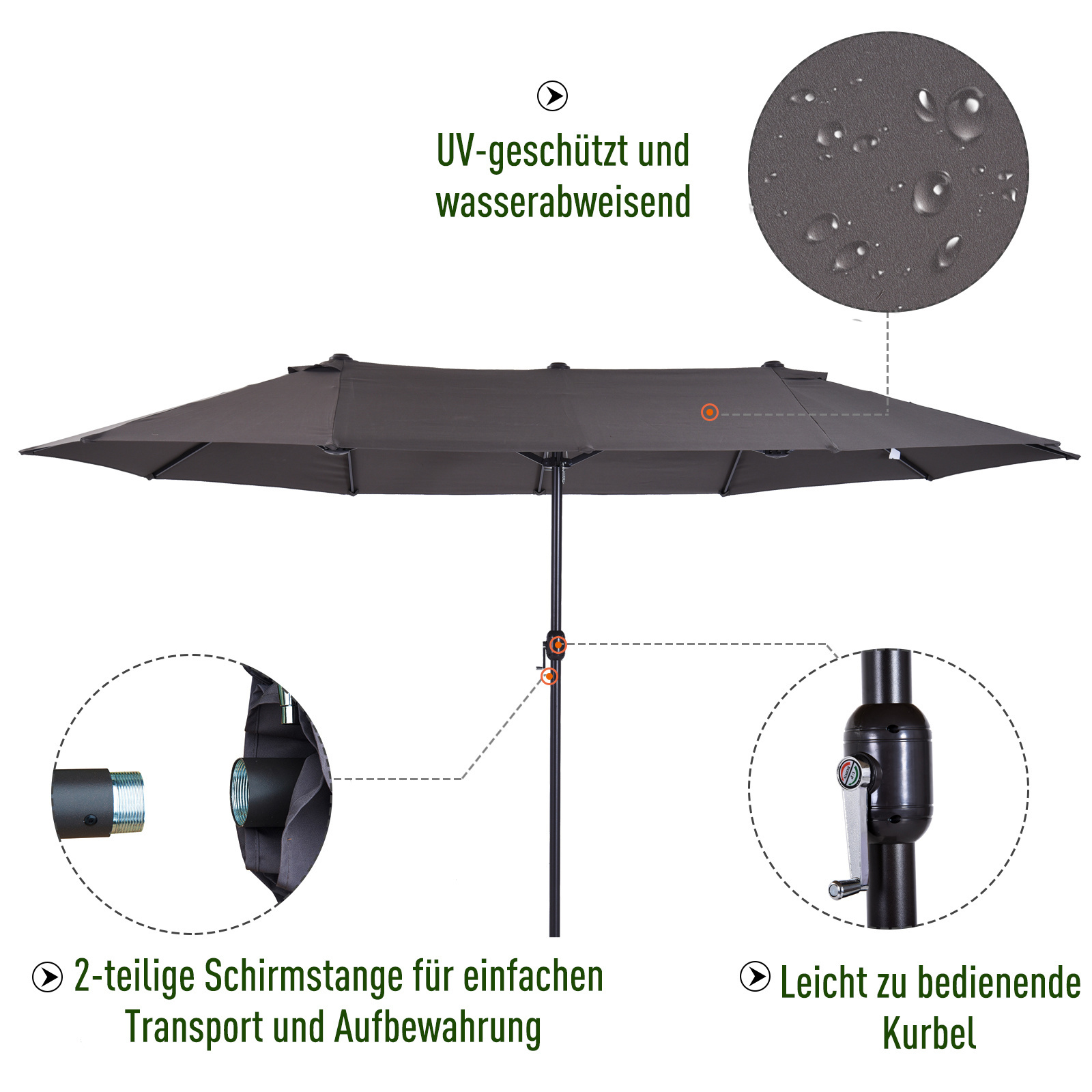 Sunny dubbele Parasol - met slingerhandvat - 460 x 270 x 240 cm - Grijs