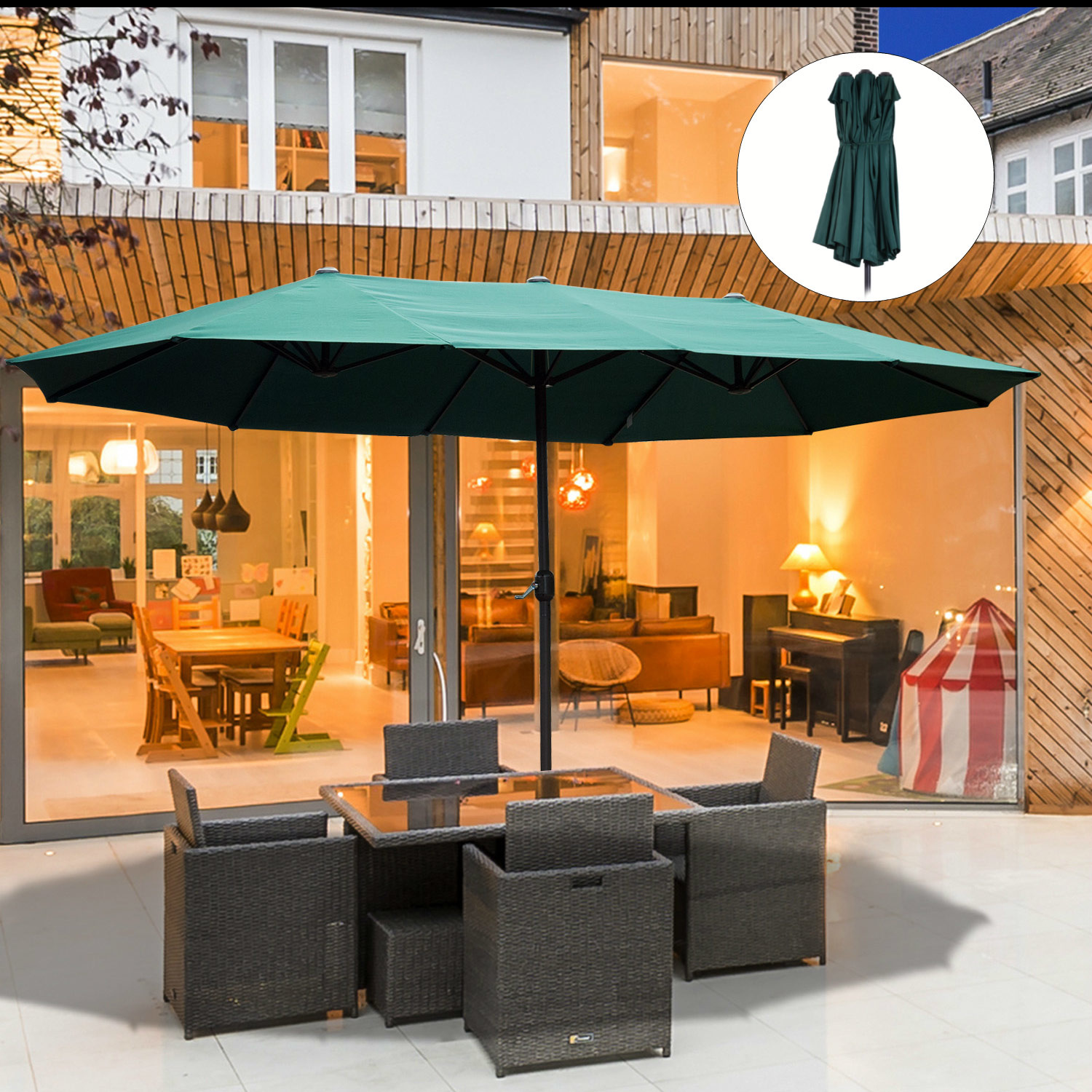Sunny Dubbele Parasol met Slingerhandvat - Groen, 460 x 270 x 240 cm