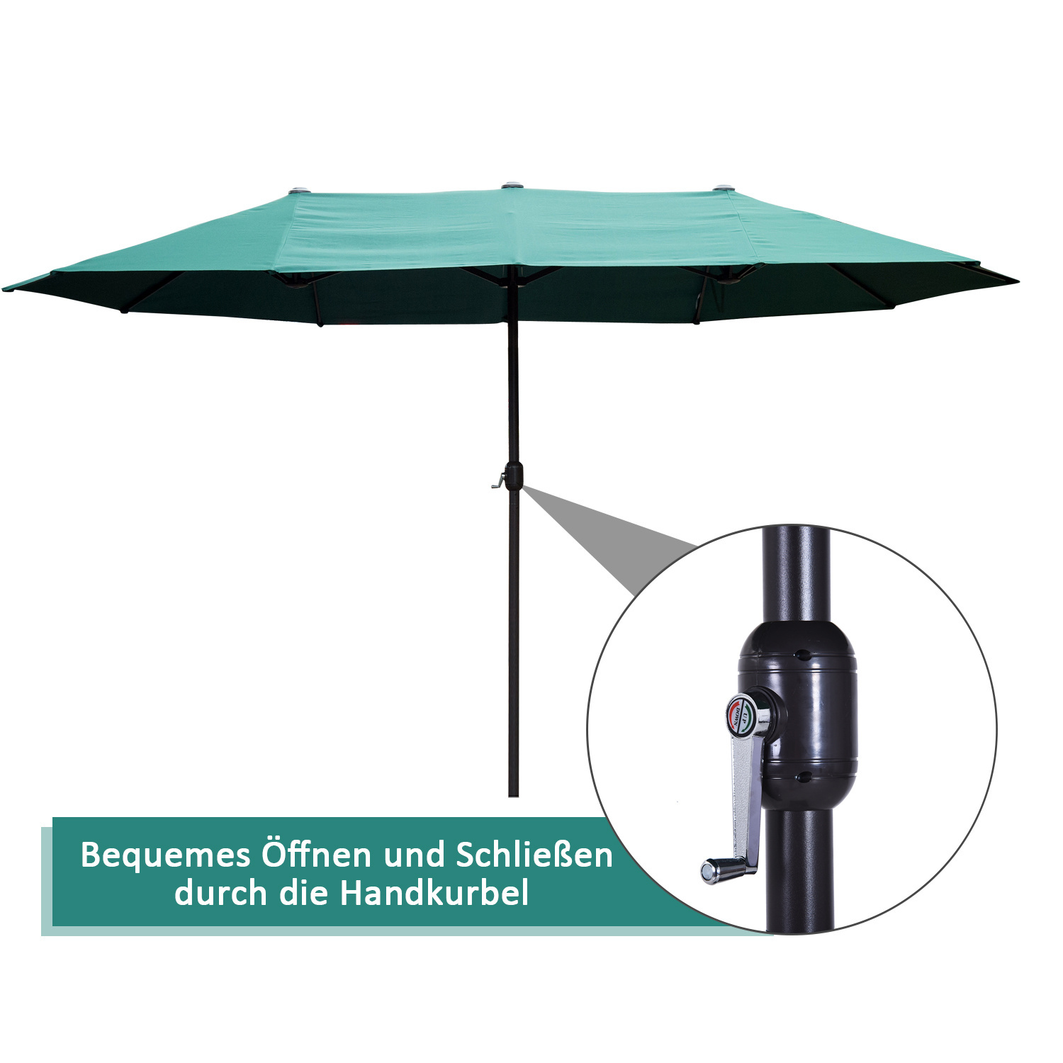 Sunny Dubbele Parasol met Slingerhandvat - Groen, 460 x 270 x 240 cm