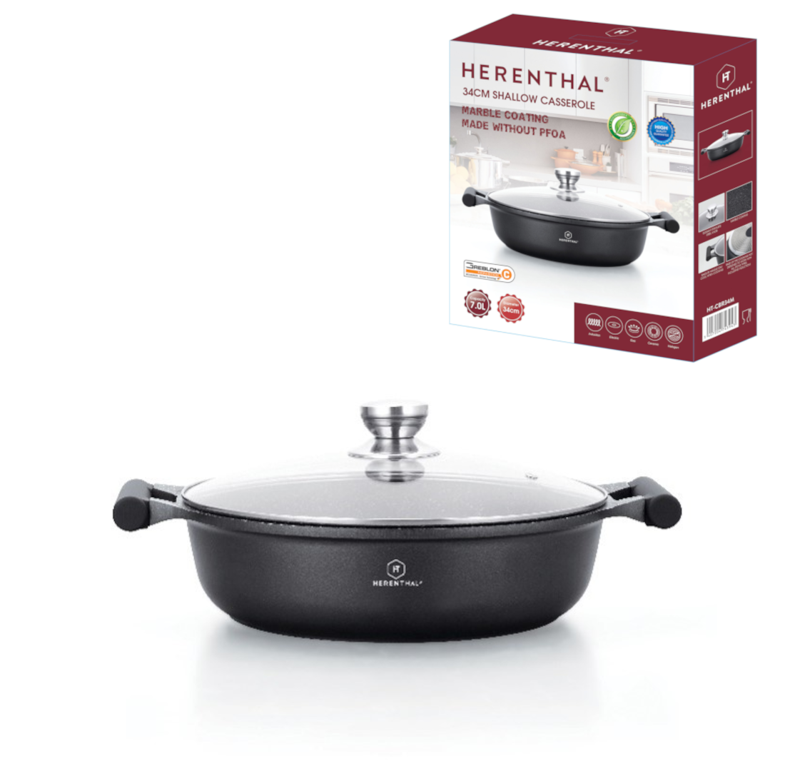 Herenthal Brede Braadpan/Soeppan - Marmeren Coating - Met Glazen Deksel- 26cm
