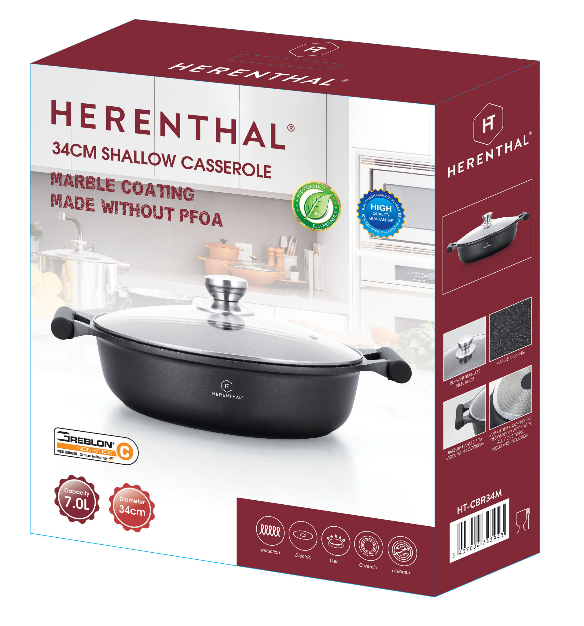 Herenthal Braadpan/Soeppan - Marmeren Coating - Met Glazen Deksel- 34cm