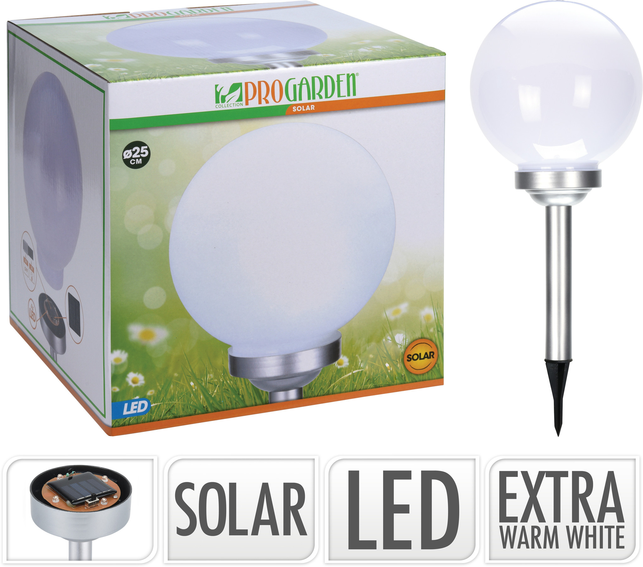 Pro Garden Solarbal - Padverlichting - Zonne energie - 25cm - WARM WIT - LED