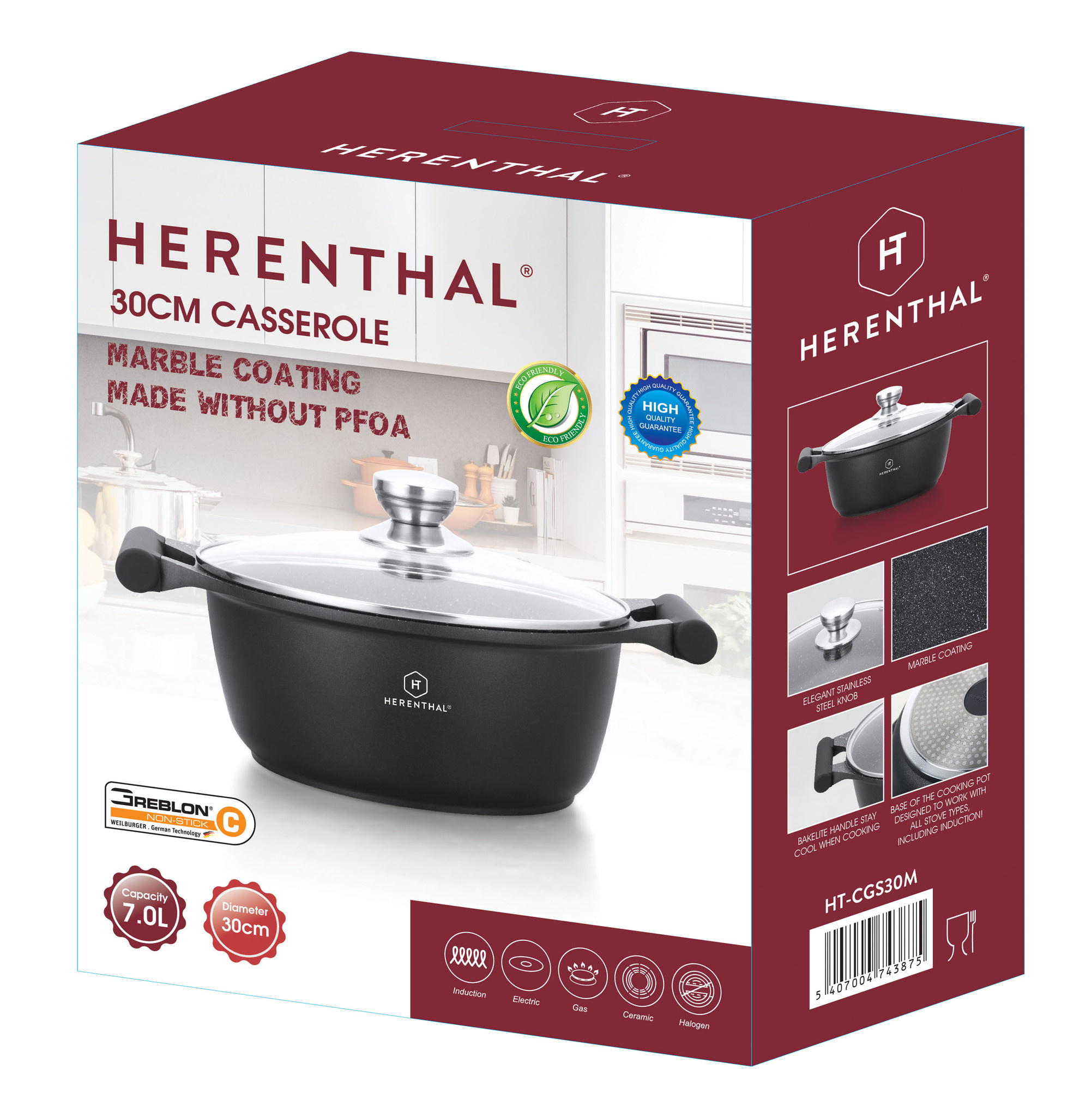 Herenthal Braadpan/ Soeppan - Marmeren Coating - Met Glazen Deksel- 30cm