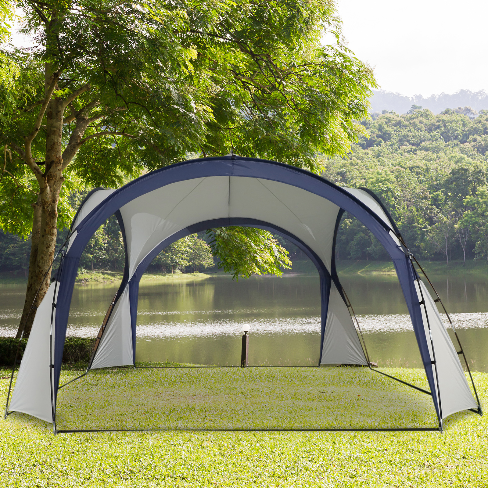 Outsunny Tuinpaviljoen, weerbestendig met glasvezel + polyester crème wit + blauw 3,5 x 3,5 x 2,3 m