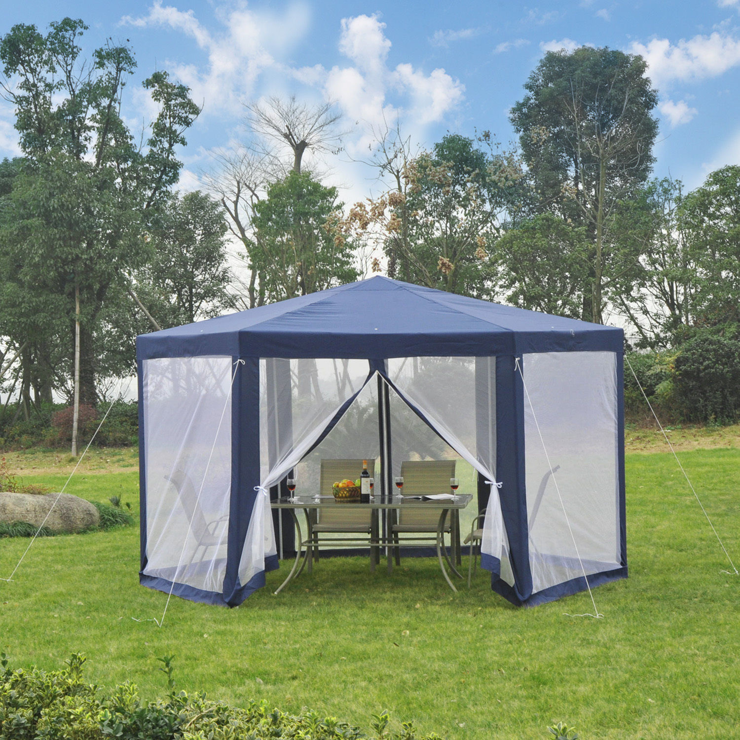 Sunny Partytent 6-hoekig met anti-muggenwanden blauw 390 x 390 x 250 cm