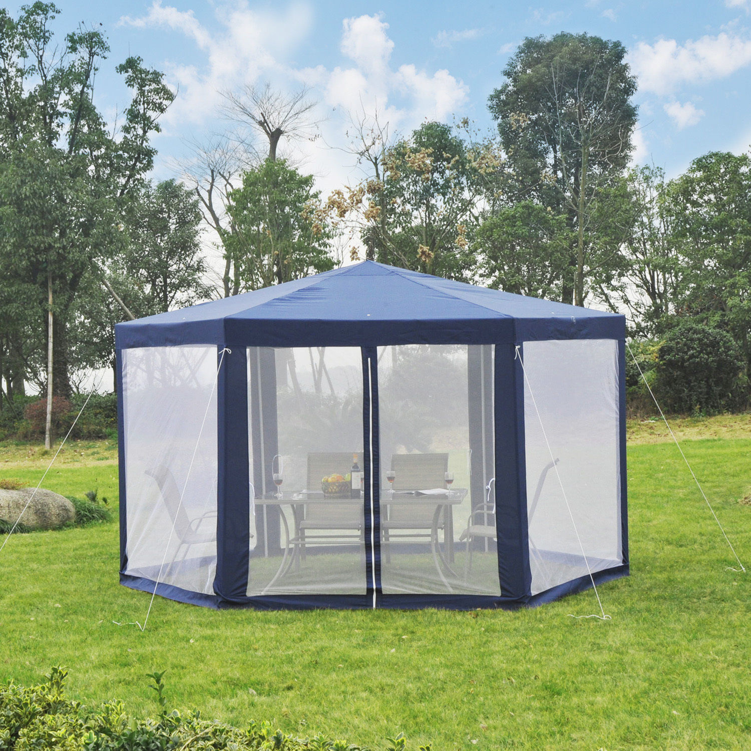 Sunny Partytent 6-hoekig met anti-muggenwanden blauw 390 x 390 x 250 cm