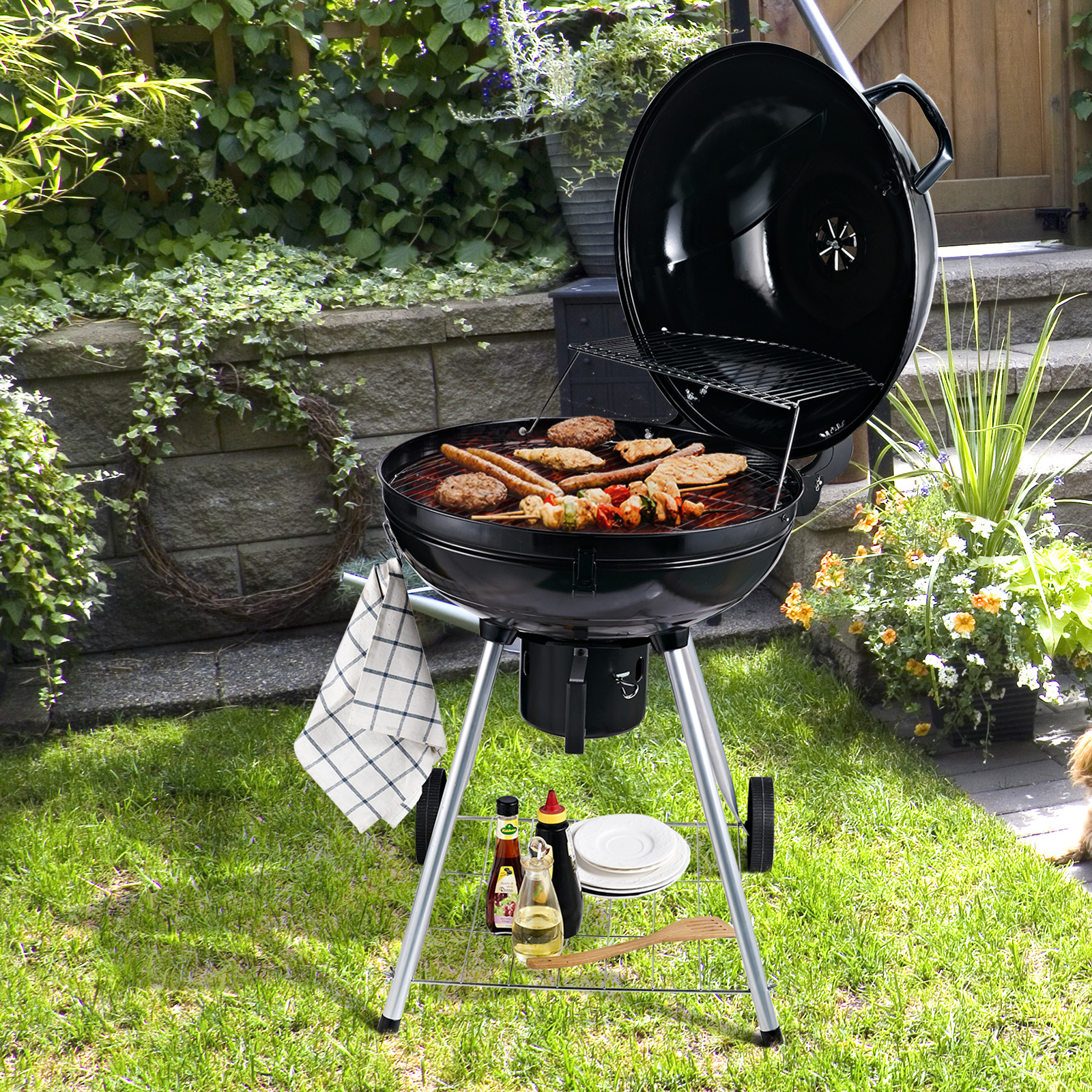 Outsunny BBQ rond met as-vanger metaal zwart Ø 57 x 94 cm
