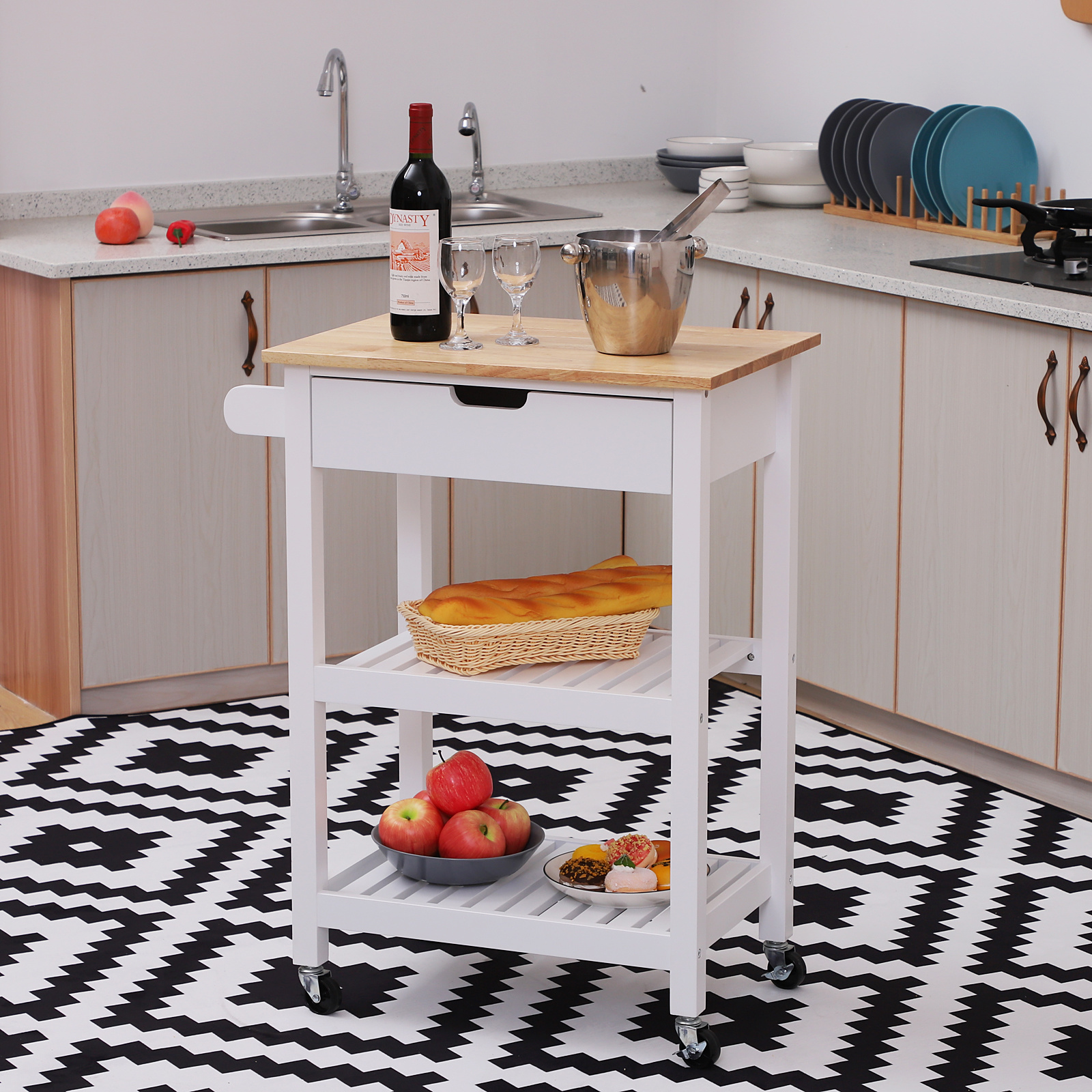 HOMdotCOM Serveerwagen hout met lade 64 x 39 x 84,5 cm wit
