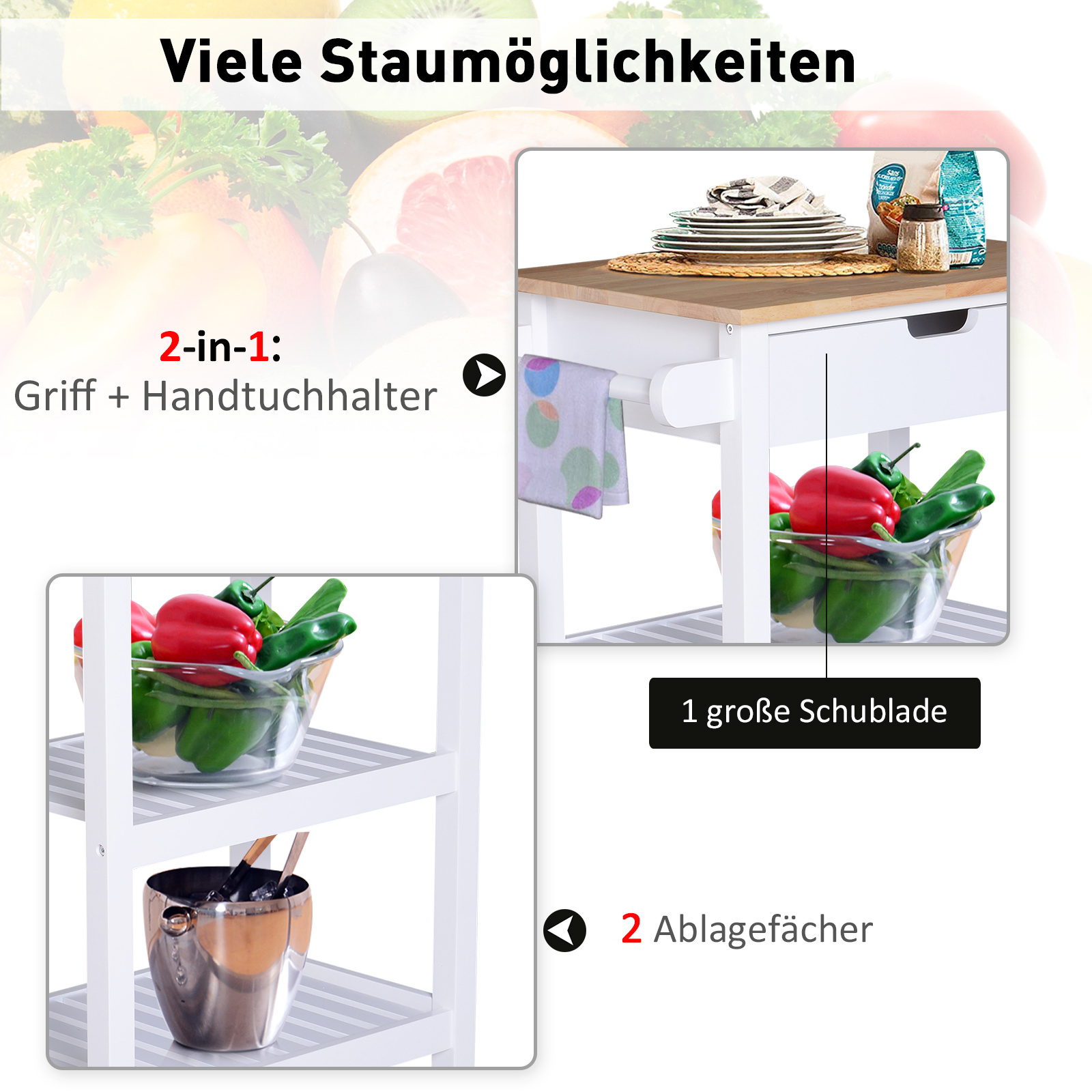 HOMdotCOM Serveerwagen hout met lade 64 x 39 x 84,5 cm wit
