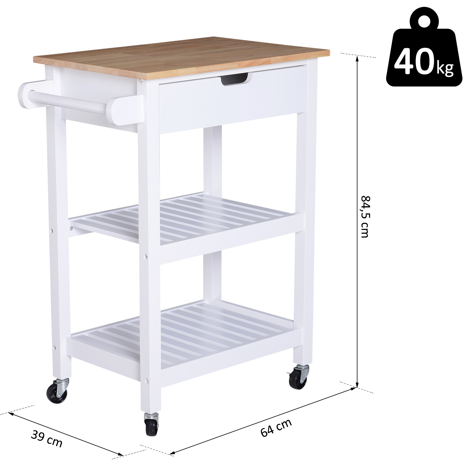 HOMdotCOM Serveerwagen hout met lade 64 x 39 x 84,5 cm wit