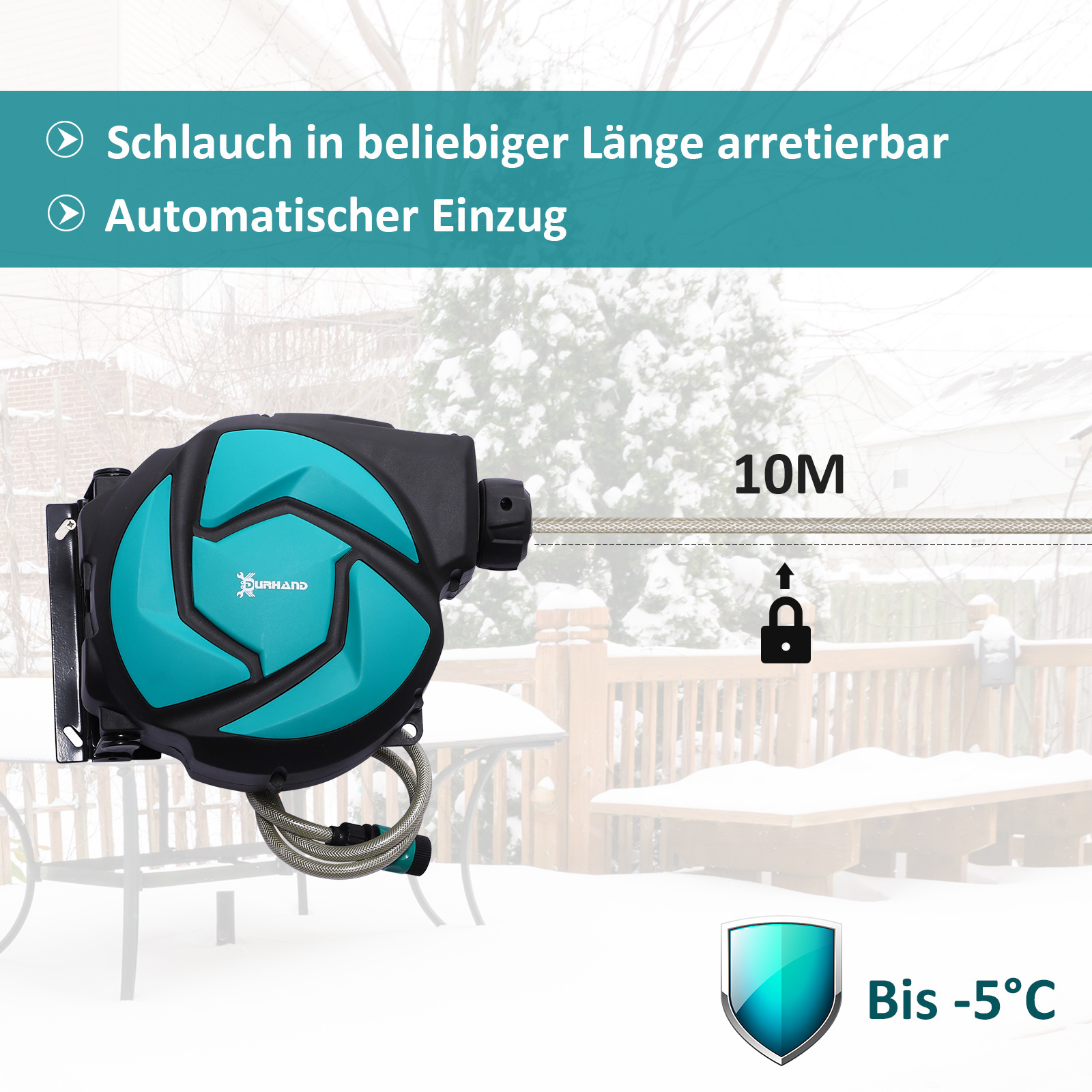 Durhand Wandslanghaspel met slang 180° draaibaar met vorstbescherming (-5-45 °C) kunststof groen zwart 10 m