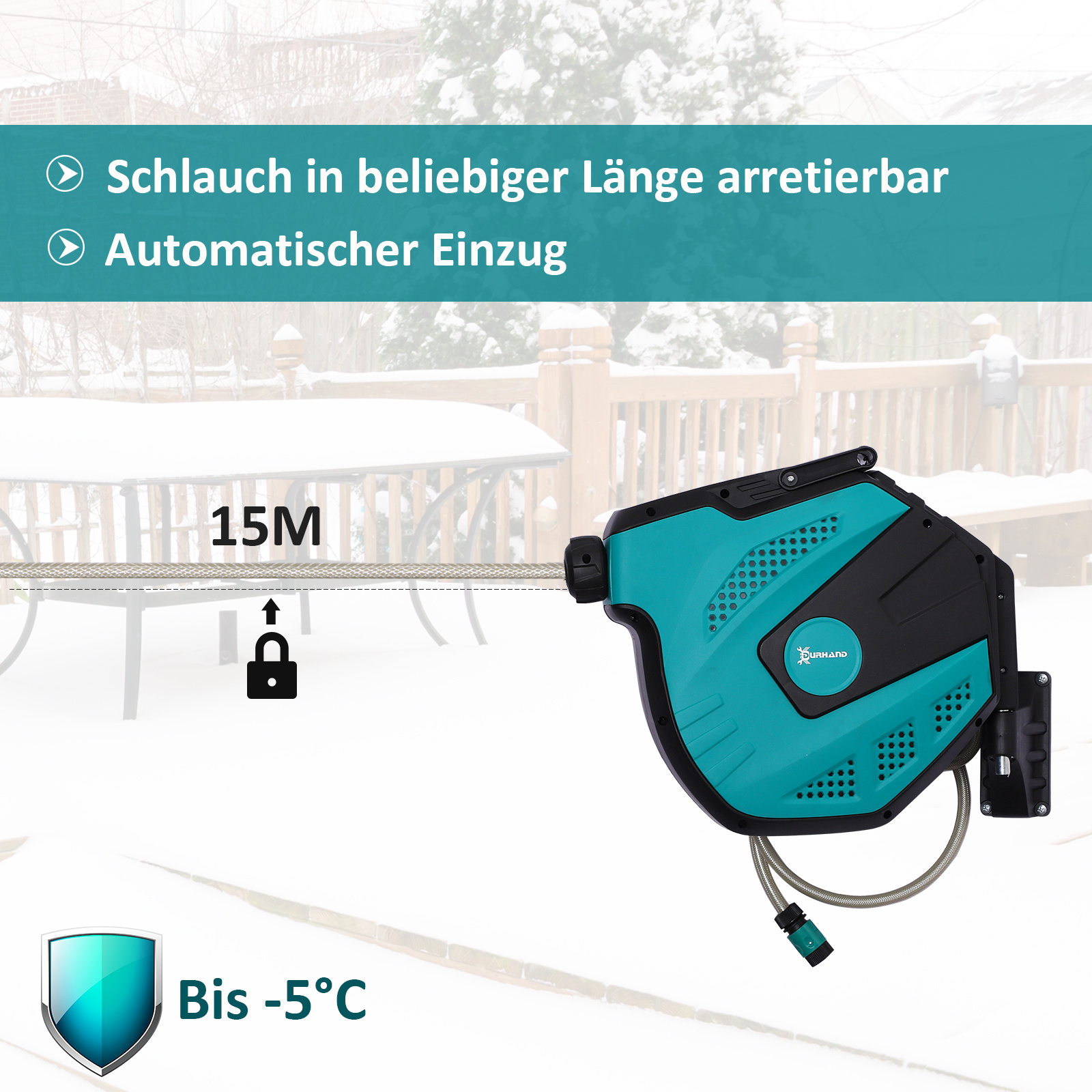 Durhand Wandslanghaspel met slang 180° draaibaar met vorstbescherming (-5-45 °C) kunststof groen zwart 15 m